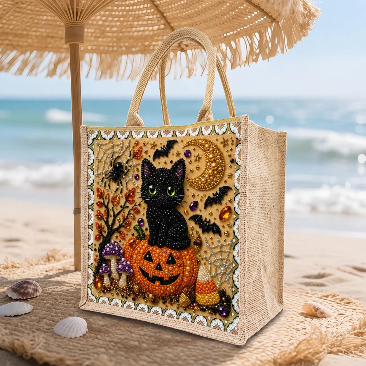 Eco Friendly Grocery Bag DIY Diamond Art Halloween Black Cat Burlap Shopping Tote Utility Storage Bag Reusable Gift Handbag