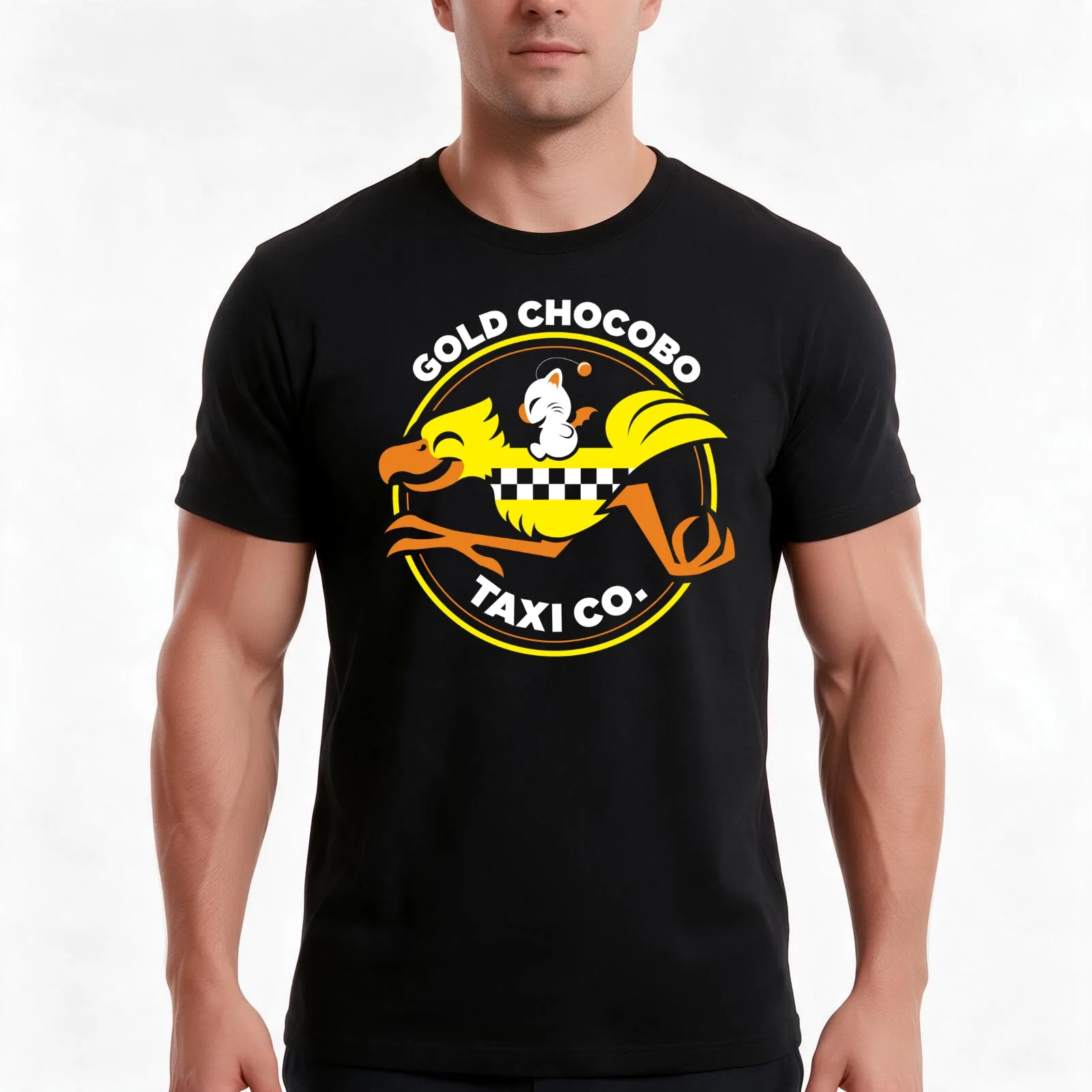 Gold Chocobo Taxi Co T-Shirt, Summer Casual Cotton Tee, Oversized Streetwear Tops, Vintage Graphic Print, Loose Fit Short Sleeve