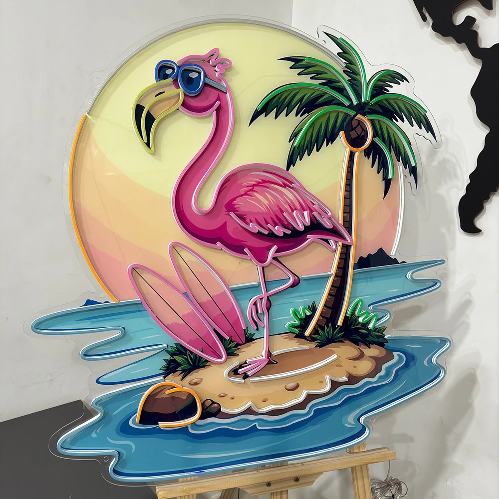 Flamingo Summer Neon Signs Waterproof Flamingo Palm Tree Tropical Neon Sign Pool Bar Decoration Outdoor Oasis Led Neon Light