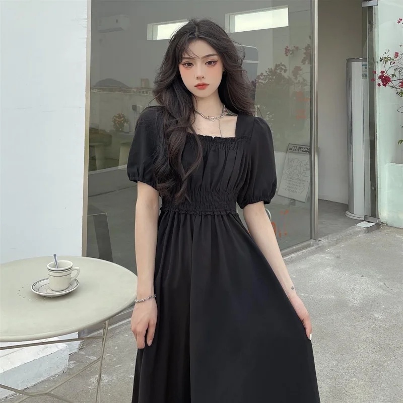 Tea Break First Love Dress 2023 Hot Summer Hepburn Style French style Retro Square Collar Black Dress Waist Hugging Long dress