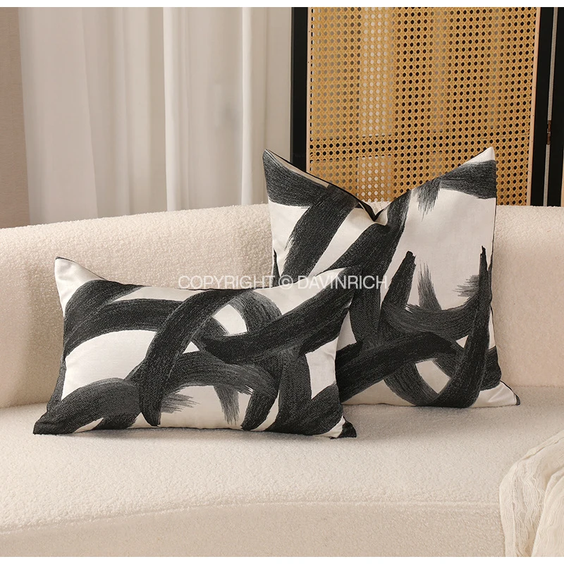DAVINRICH Perennial Tangled Outdoor Pillow Cover Designer Black And White Geometric Brush Jacquard Cushion Case Chic Home Decor