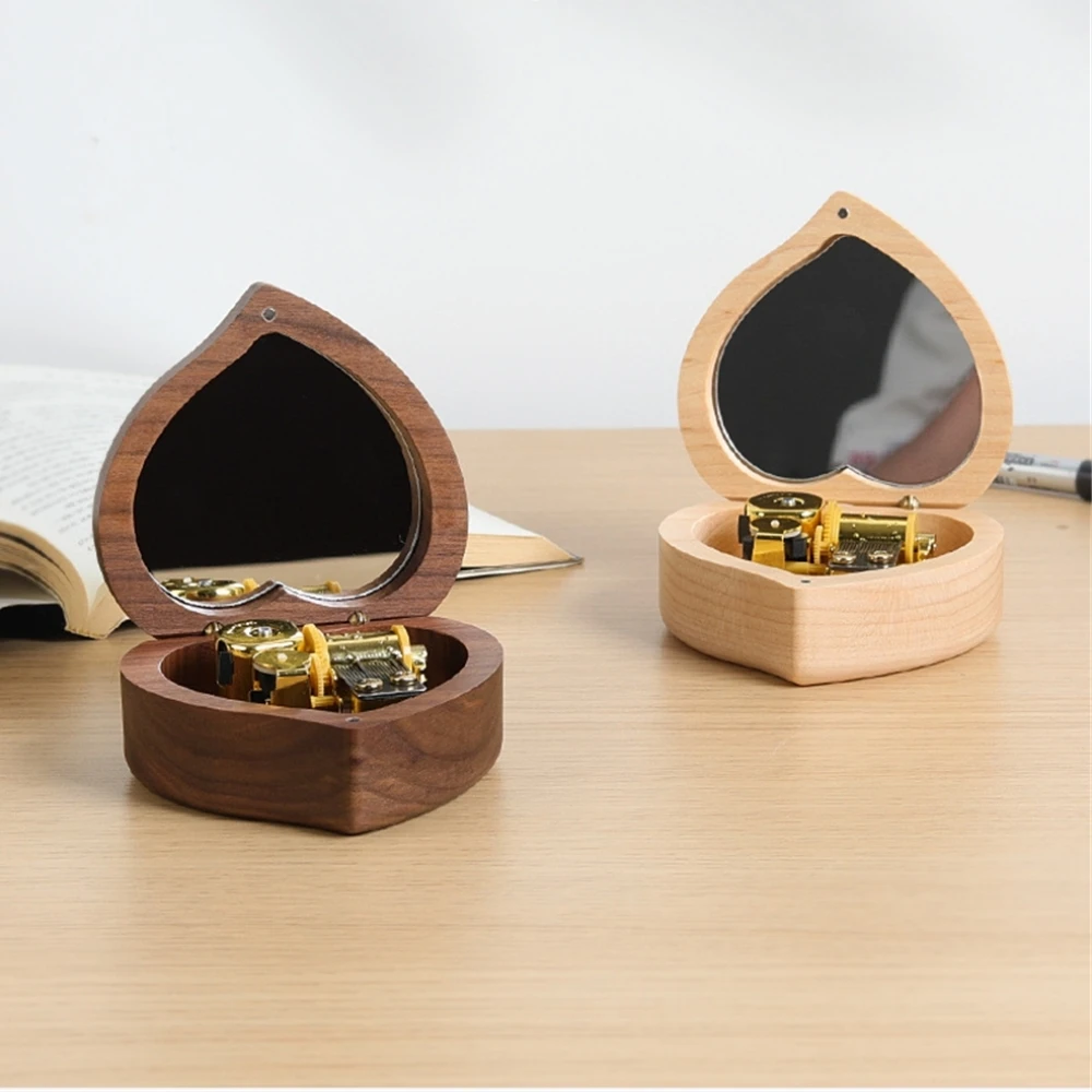 Heart Shape with Mirror Music Box DIY Walnut Wood Clockwork Musical Box Can't Help Falling in Love Little Star Birthday Gifts