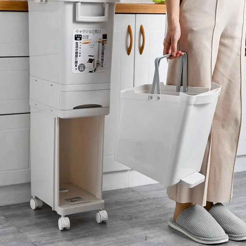 

Large Size Kitchen Waste Bin Pedal Pred Multi-Layer Narrow pe with Wheels Household Garbage Can Dry Wet Separation