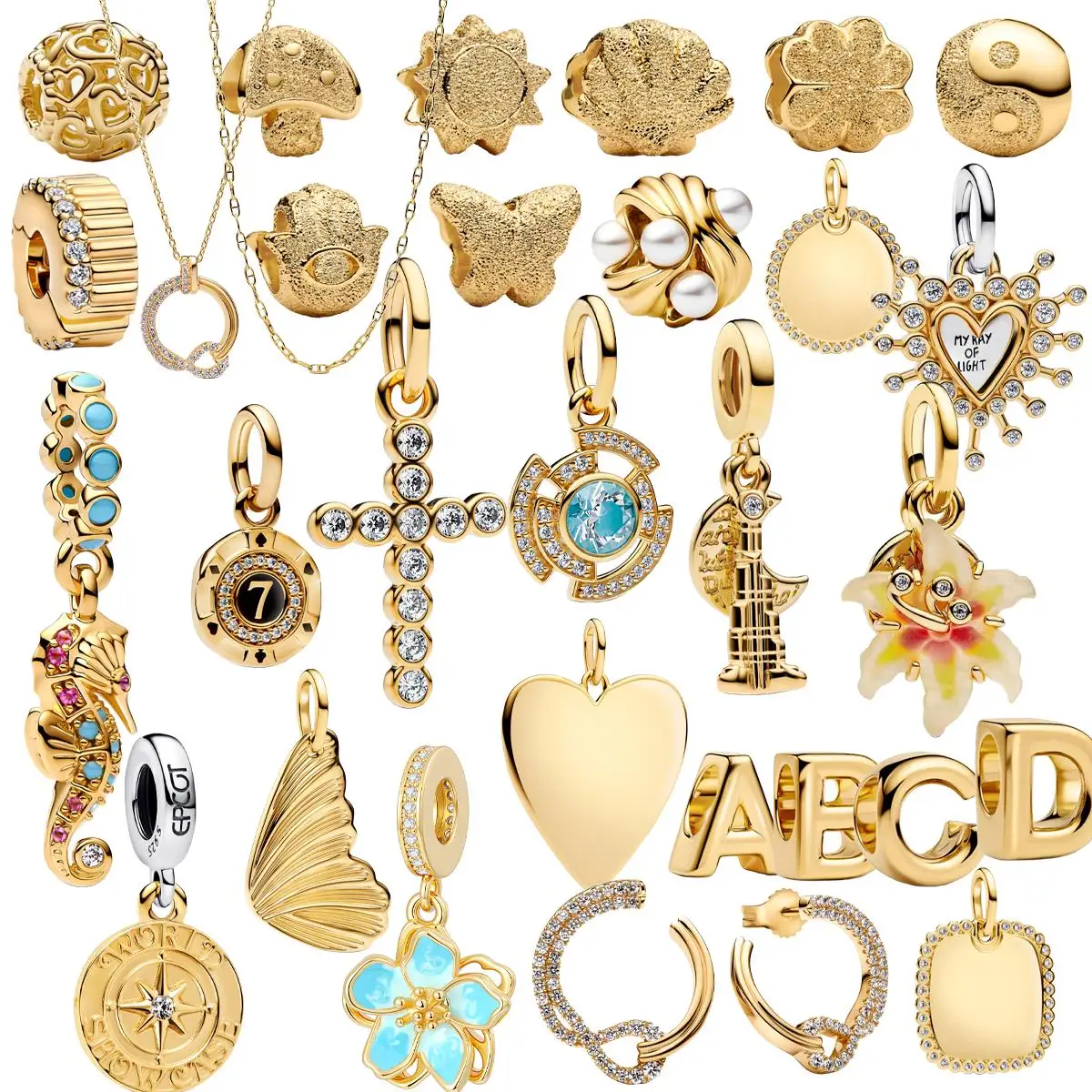 

925 Sterling Silver Gold Color DLuminous Flower Seahorse Four-leaf Clover Charm Bead Fit Original Pendant Bracelet DIY Jewelry