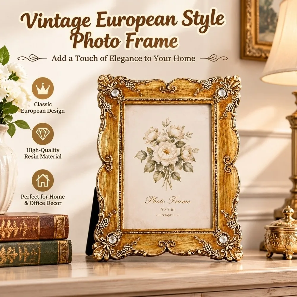 Creative Vintage Gold Photo Frame 5/6/7in Resin Picture Baroque Frame Lace Decoration European Style Desk Photo Frame
