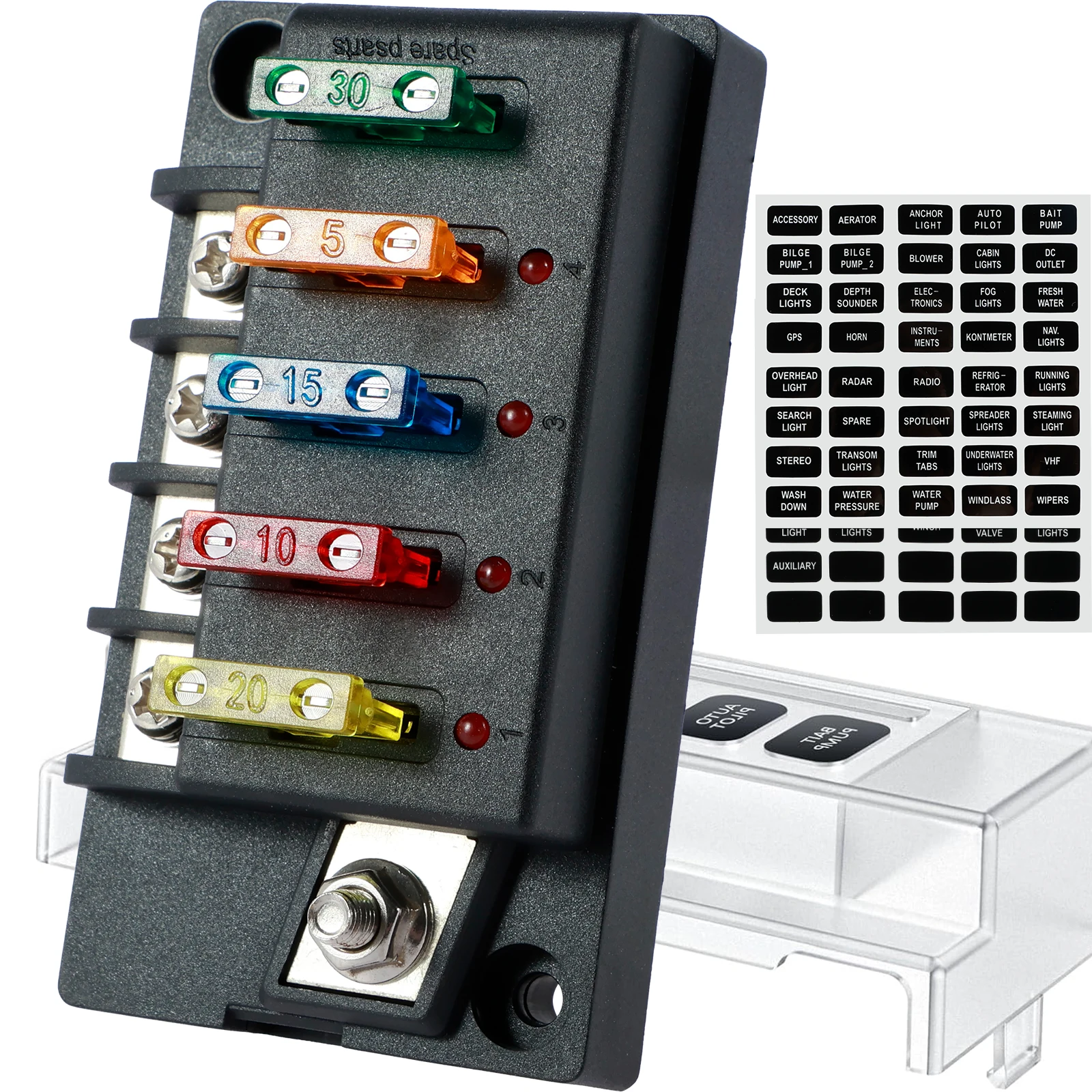 12V Fuse Block 4/6 Circuits Waterproof Marine Fuse Panel Relay Box Kit with LED Indicator Damp-Proof Cover for Car RV Truck Boat