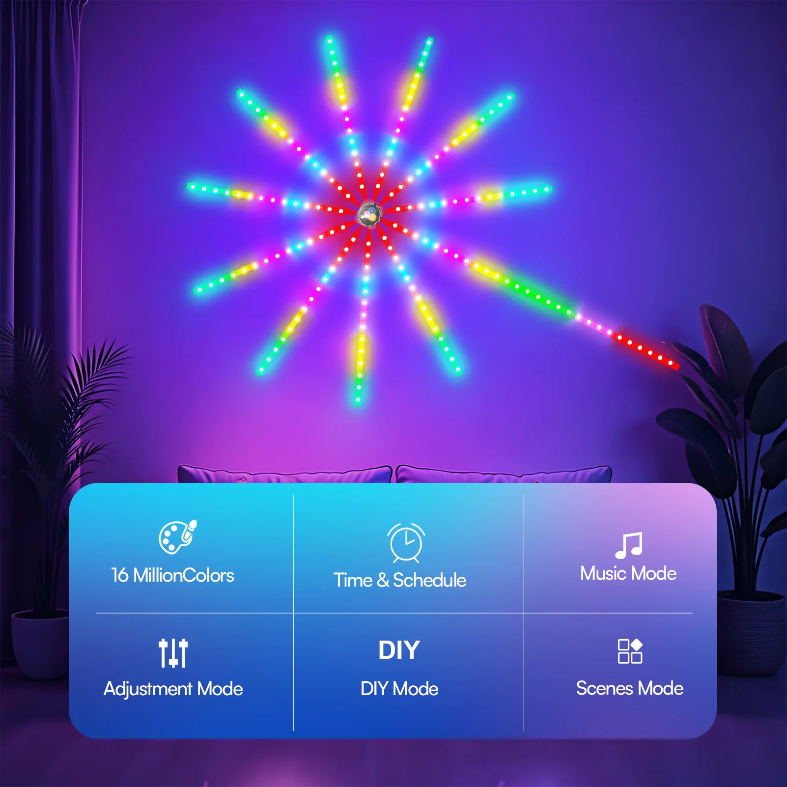 Luci LED per fuochi d'artificio intelligenti con telecomando e controllo tramite app, sincronizzazione del microfono musicale, cambio colore IC RGB per la decorazione di feste al coperto