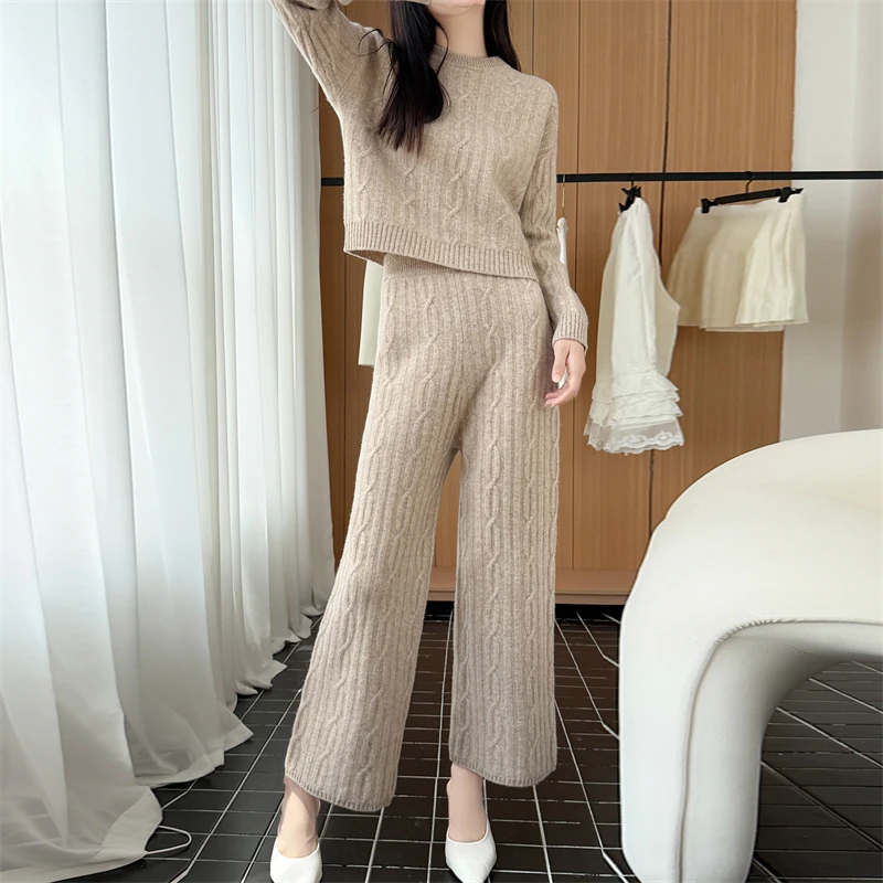 Autumn Winter 100% Merino Wool Sweater Cable Jacquard O-Neck Long Sleeve Knit Sweater Wide Leg Pants 2-Piece Set Lazy Casual