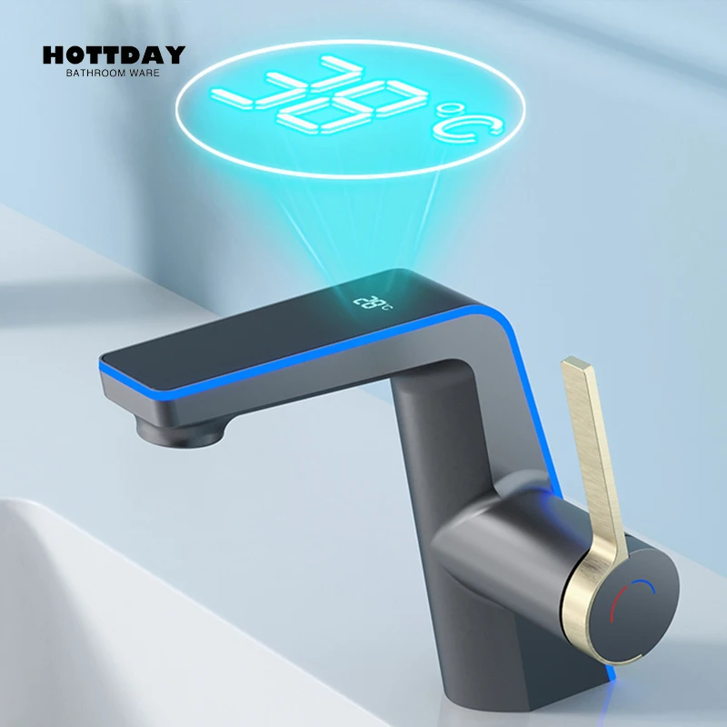 LED temperature digital display basin faucet downflow sprayer hot and cold sink mixer bathroom wash faucet aerator swing angle