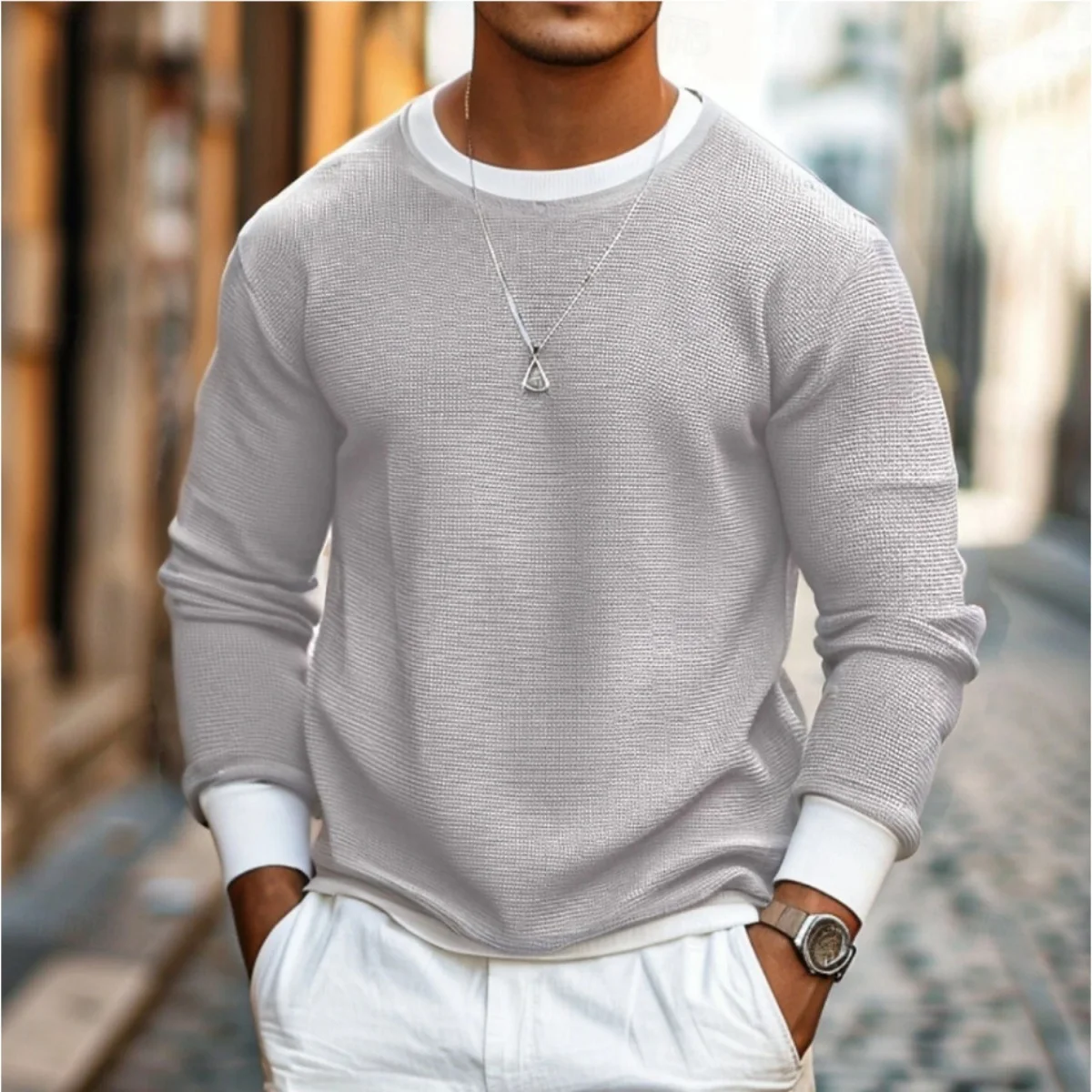 

New men's Waffle T-shirt top Long sleeve shirt solid color crew neck sports long sleeve fashion fake two 2025 men's clothes