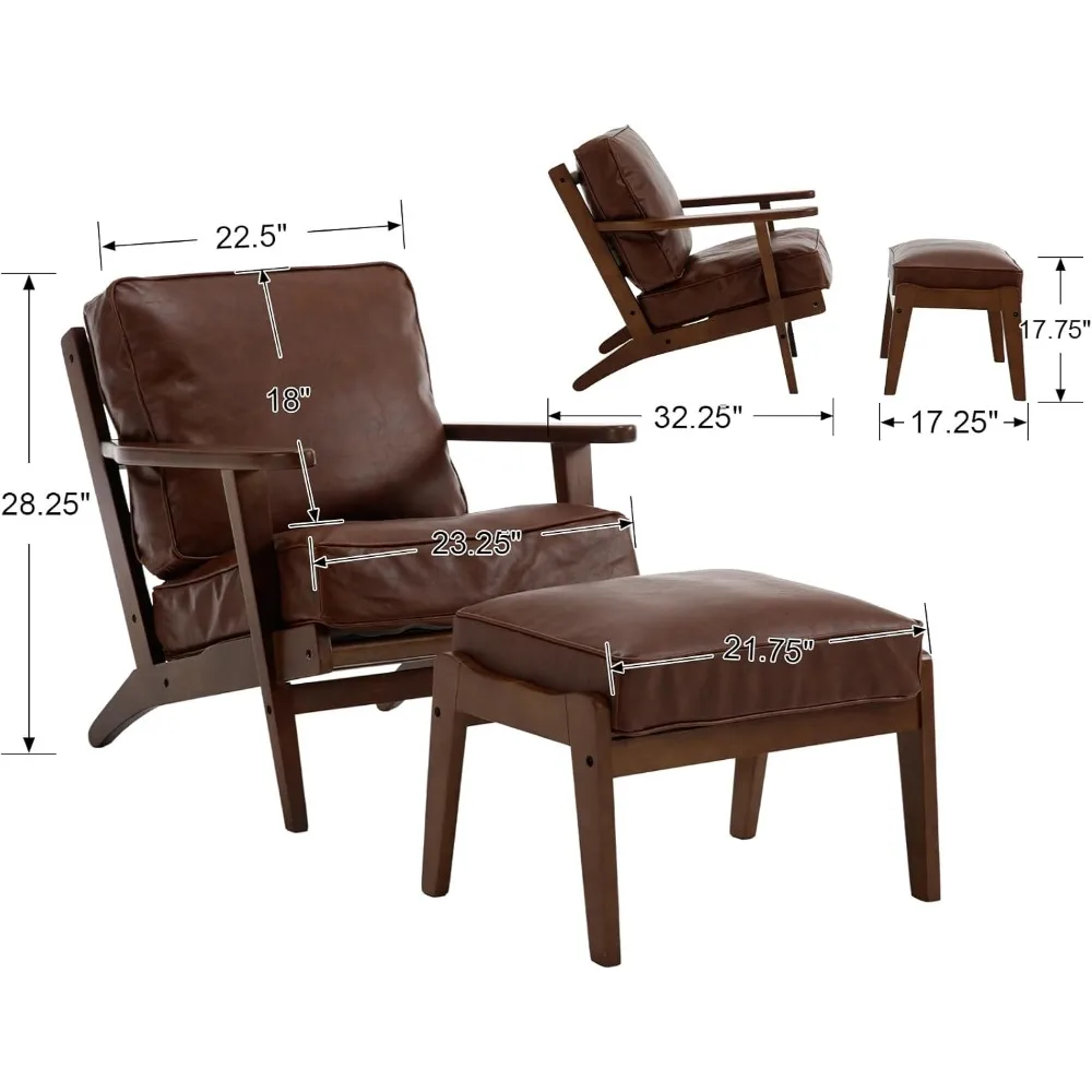 Mid Century Modern Accent Chair with Ottoman PU Leather Reading Chair Living Room Bedroom Comfy Leisure Chair, Brown