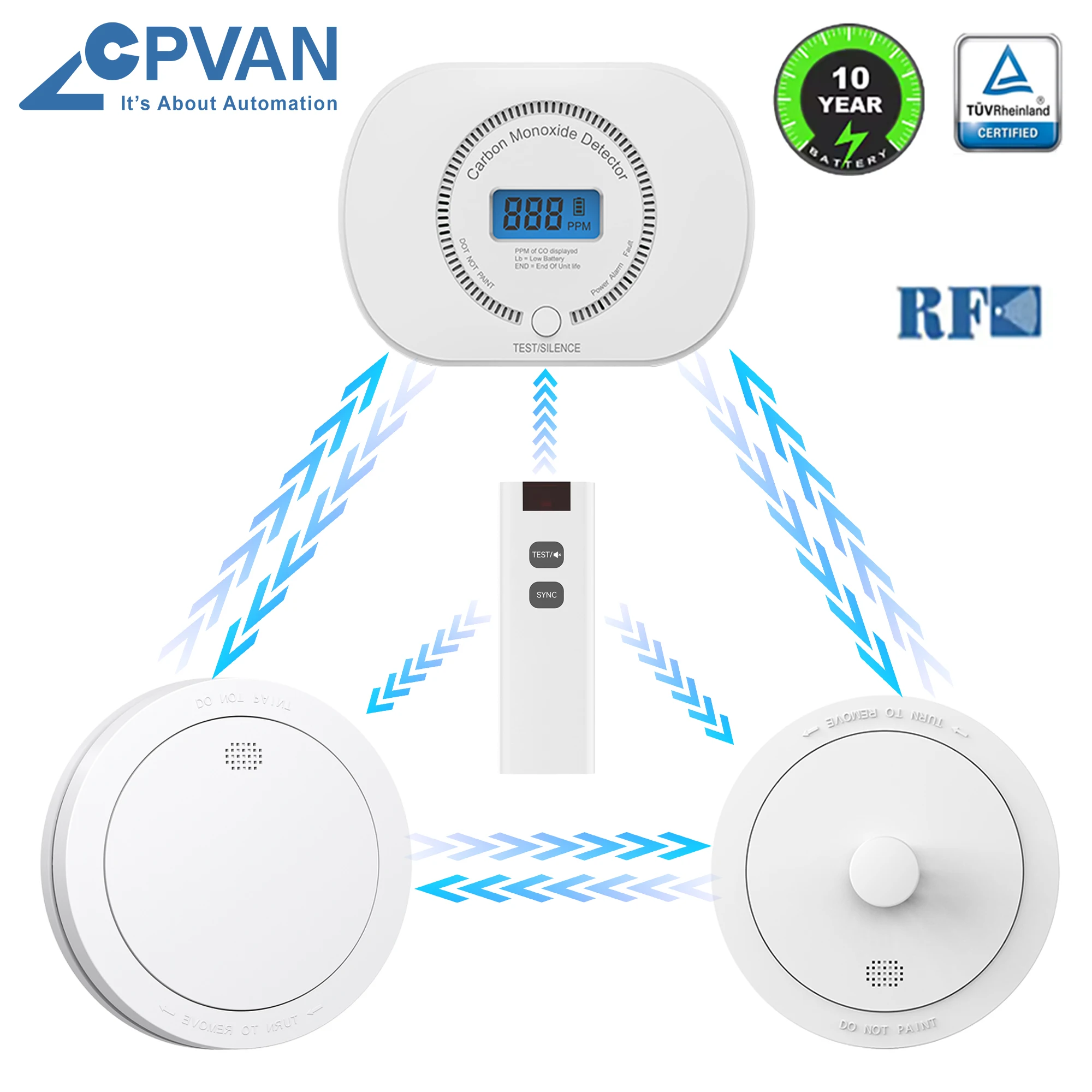 CPVAN เครื่องตรวจจับควัน ความร้อน และคาร์บอนมอนอกไซด์ที่เชื่อมโยงกันเสียง เครื่องตรวจจับควันไร้สาย Home Combination Fire Alarm