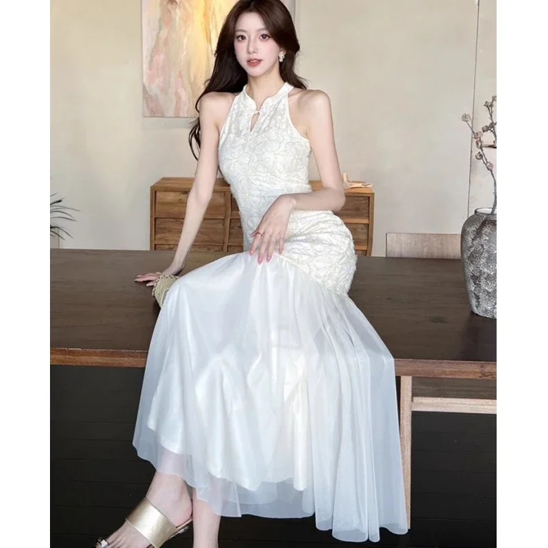 

Лето 2021, новое женское изящное тонкое платье русалки в китайском стиле, женское сексуальное длинное платье без рукавов с лямкой на шее, вечернее платье, женское