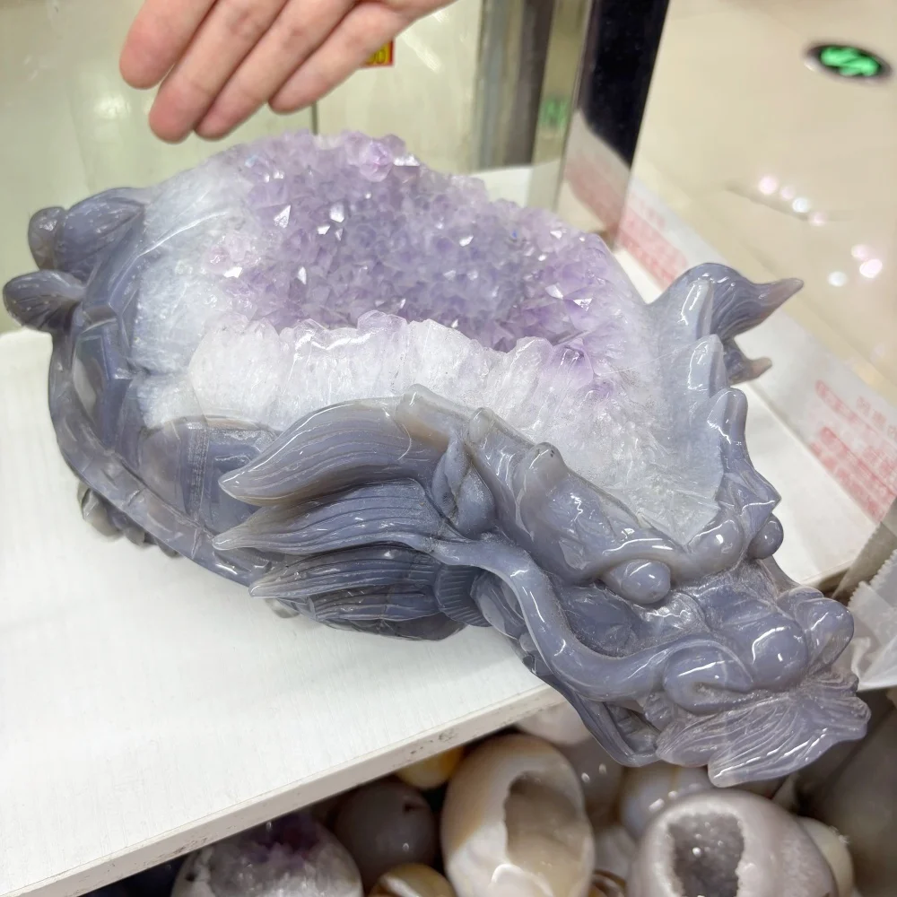 Natural Agate Amethyst Geode Hand Carved Large Dragon Turtle Figurine, Crystal Dragon Tortoise Statue, Reiki Feng Shui Decor