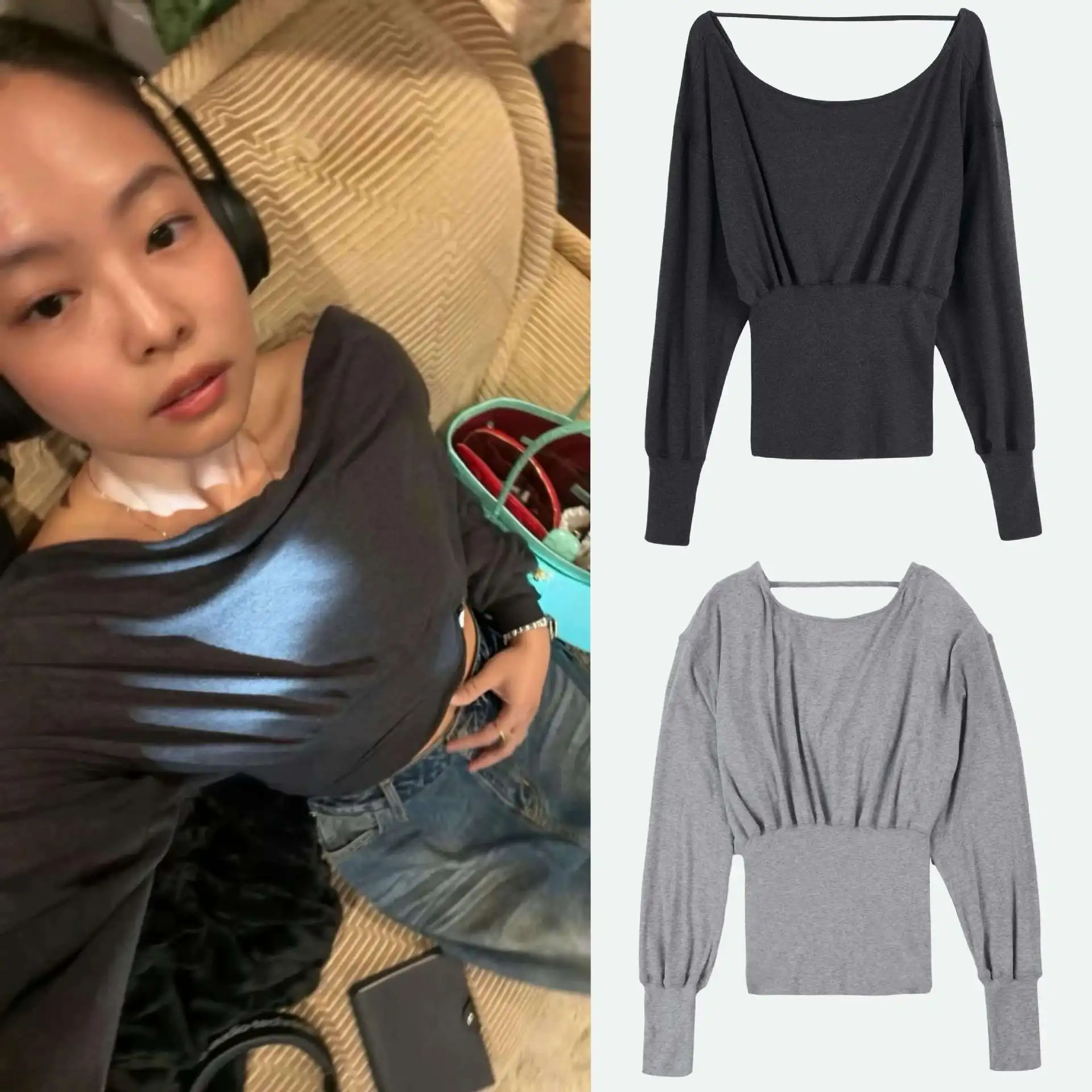 Sexy Shoulder Bared T-shirt Women's Multi-Way Wear Straight Neck Side Shoulder Long Sleeve Printed Casual Fashion Top