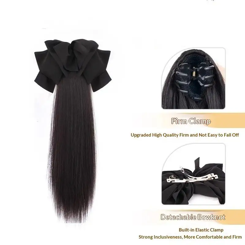 Hepburn-style Bow-tie Straight Ponytail Wig Headwear Lazy Headband Braid Wig Clip Integrated Style Fluffy For Daily Wear