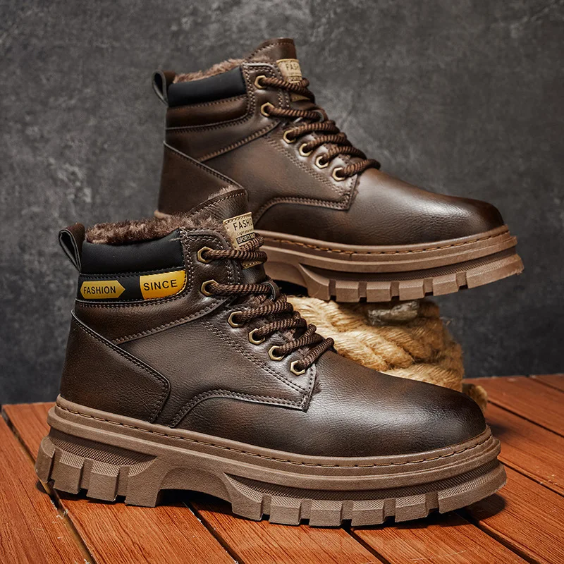 Men's High Top Snow Boots with Thick Fleece Anti-Slip Wear-Resistant Casual Leather Shoes Insulated Waterproof