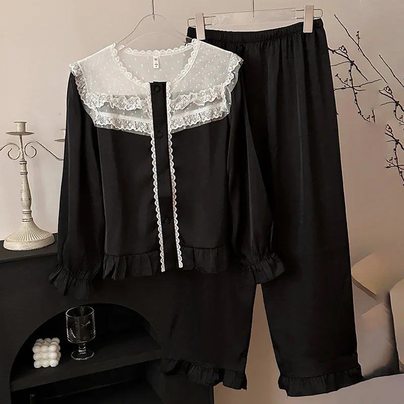 

2 шт. пижамы с длинными рукавами, роскошные кружевные пижамы с круглым вырезом, шелковая атласная сексуальная домашняя одежда, весенне-летняя домашняя одежда, домашняя одежда для девочек