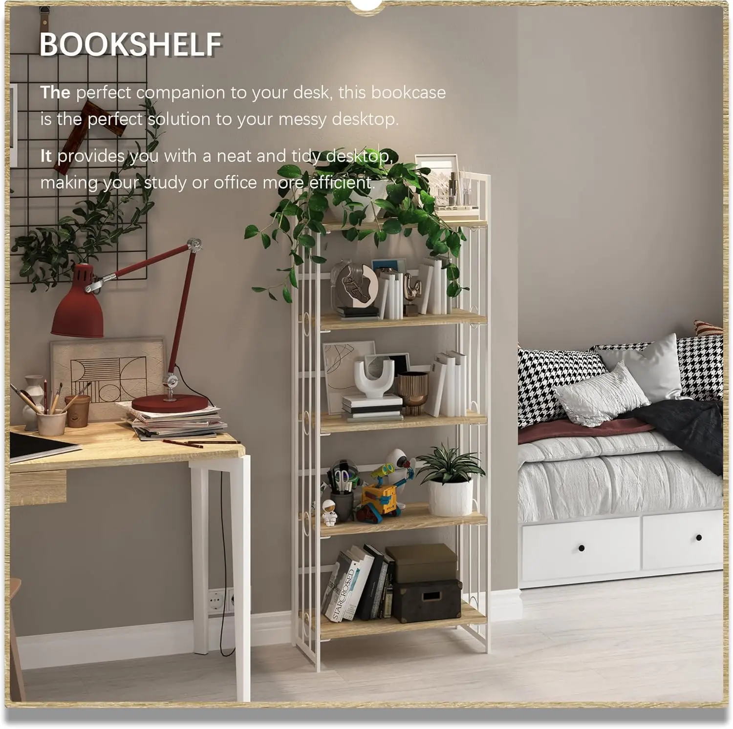 No-Assembly 5 Tiers Folding Bookshelf Storage Shelves Vintage Bookcase Standing Racks Study Organizer Home Office