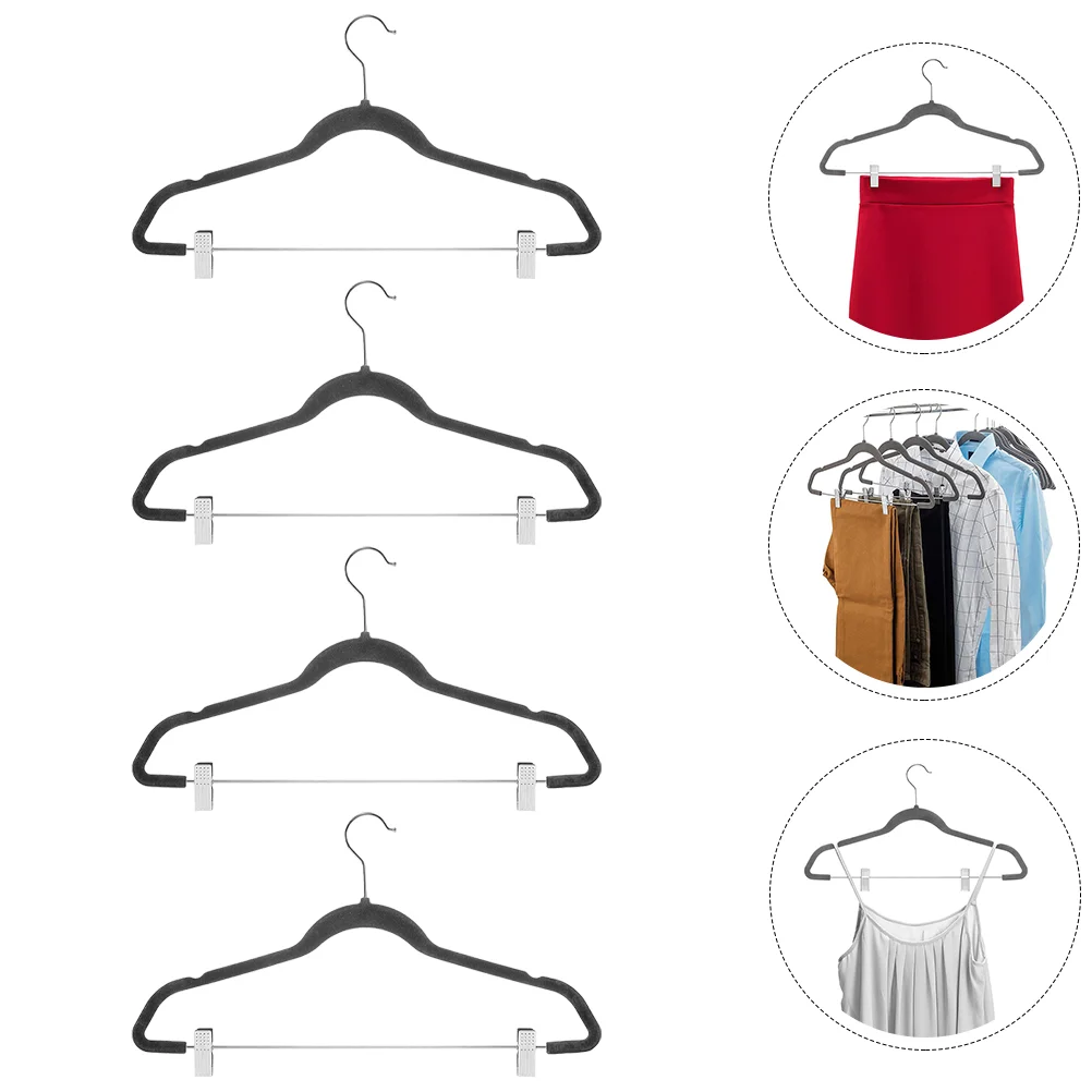 4 Pcs Flocking Trouser Hanger Jeans Hangers Clothes Household Clip Pants Adjustable