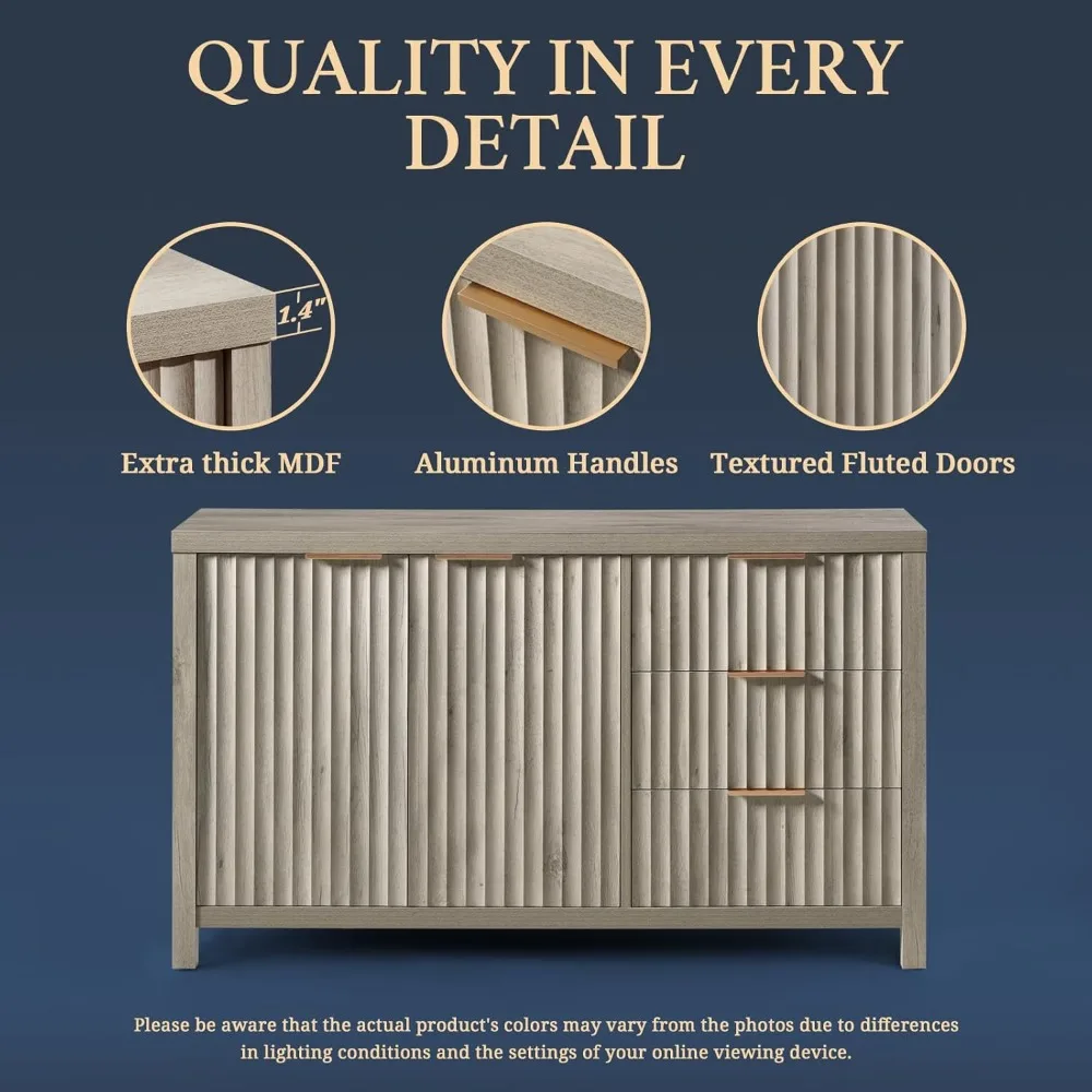 56インチの大型ビュッフェモダンなクレデンザ、調節可能な棚付き、ファームハウスメディアコンソール収納キャビネット、リビングルームの玄関用、