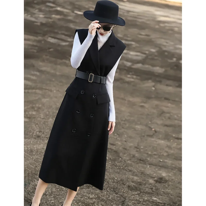 New French Style Luxury Long Vest Dress 2025Spring Autumn Temperament Double Breasted Sleeveless Suit Vest Dress Women Waistcoat