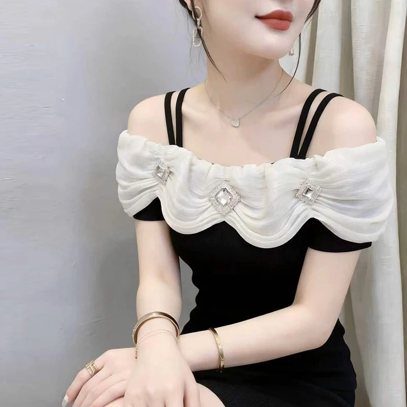 

Summer Women's Fashion T-shirt Wave Collar Design Sensation Korean Style Short Sleeve round Neck Top Elegant Atmosphere