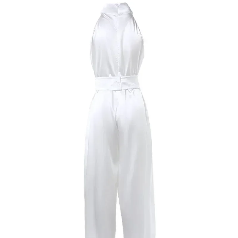 2023 Summer Womens Rompers White Satin Neck Hanging Sleeveless Waist Wide Leg Jumpsuit for Women