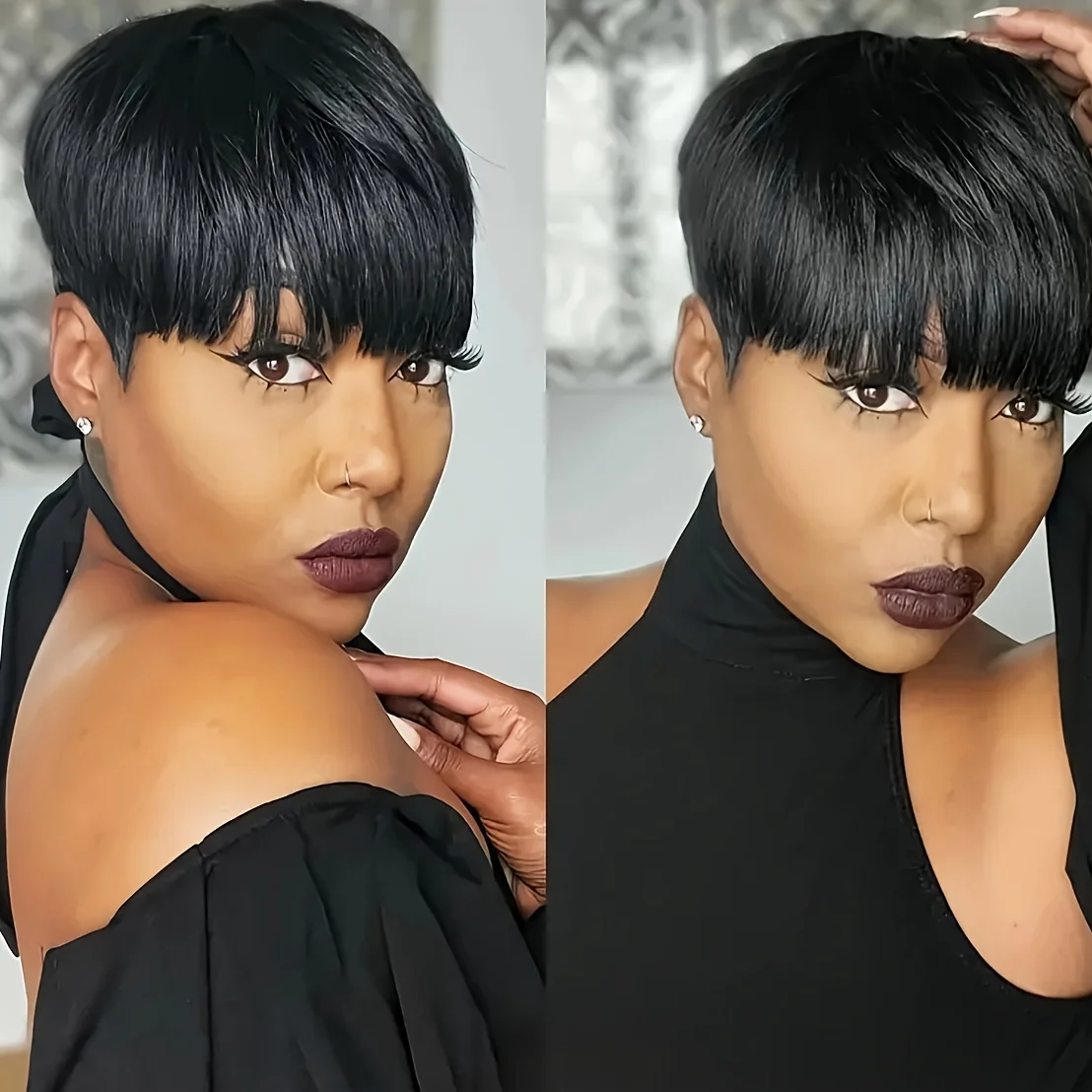 컬러 가발 픽시 컷 스트레이트 인간의 머리 가발 여성용 전체 기계 제작 인간의 머리 가발 150% 밀도 6인치