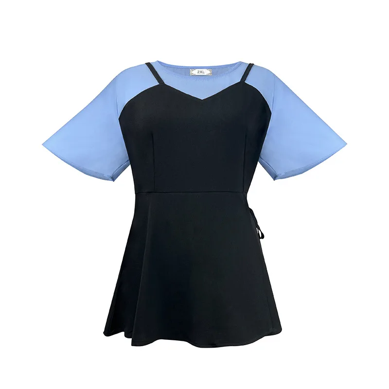 Large Size 7XL 120KG Women Chiffon Blouses Summer Sweet Shirt O Neck Fake two pieces Short Sleeve Women Tops