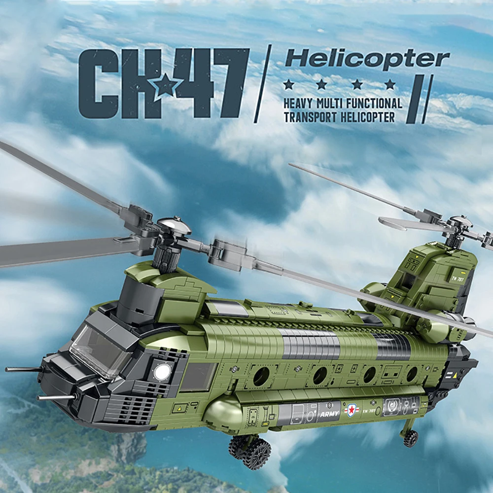 CH-47 Medium Transport Helicopter Building Blocks Bricks Toy Gift Military Aircraft Model Kit Twin Rotors Display Collection