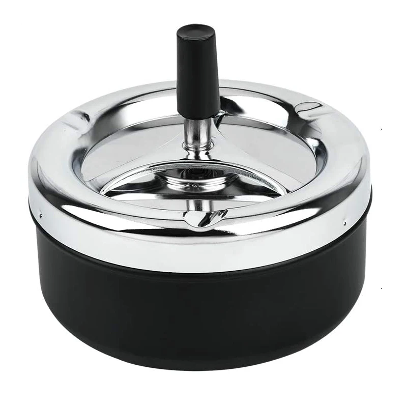 Round Push Down Ashtray Metal SpinningTray Easy to Clean Black Color Air Tight Bar Accessories