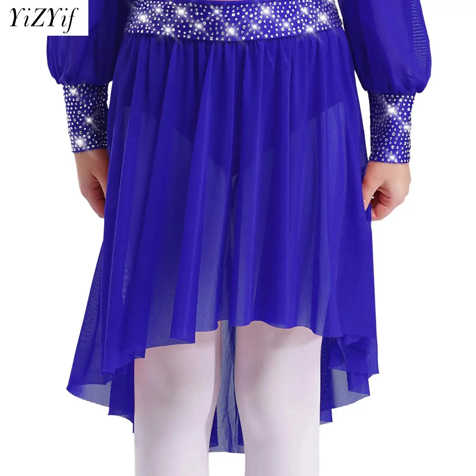 

Kids Girls Lyrical Contemporary Modern Dance Skirts Rhinestones Skating Dance Bottoms Asymmetrical Mesh Built-in Briefs Skirt