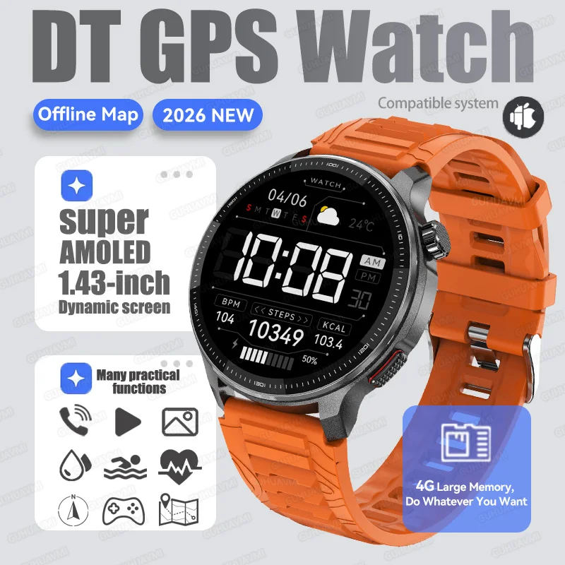 2026Nieuwe Tactische Sport Smartwatch Mannen Ingebouwde GPS Offline Kaart 4GB Geheugen 10ATM/IP69K Waterdicht Zwemmen Militray Smart Bracele