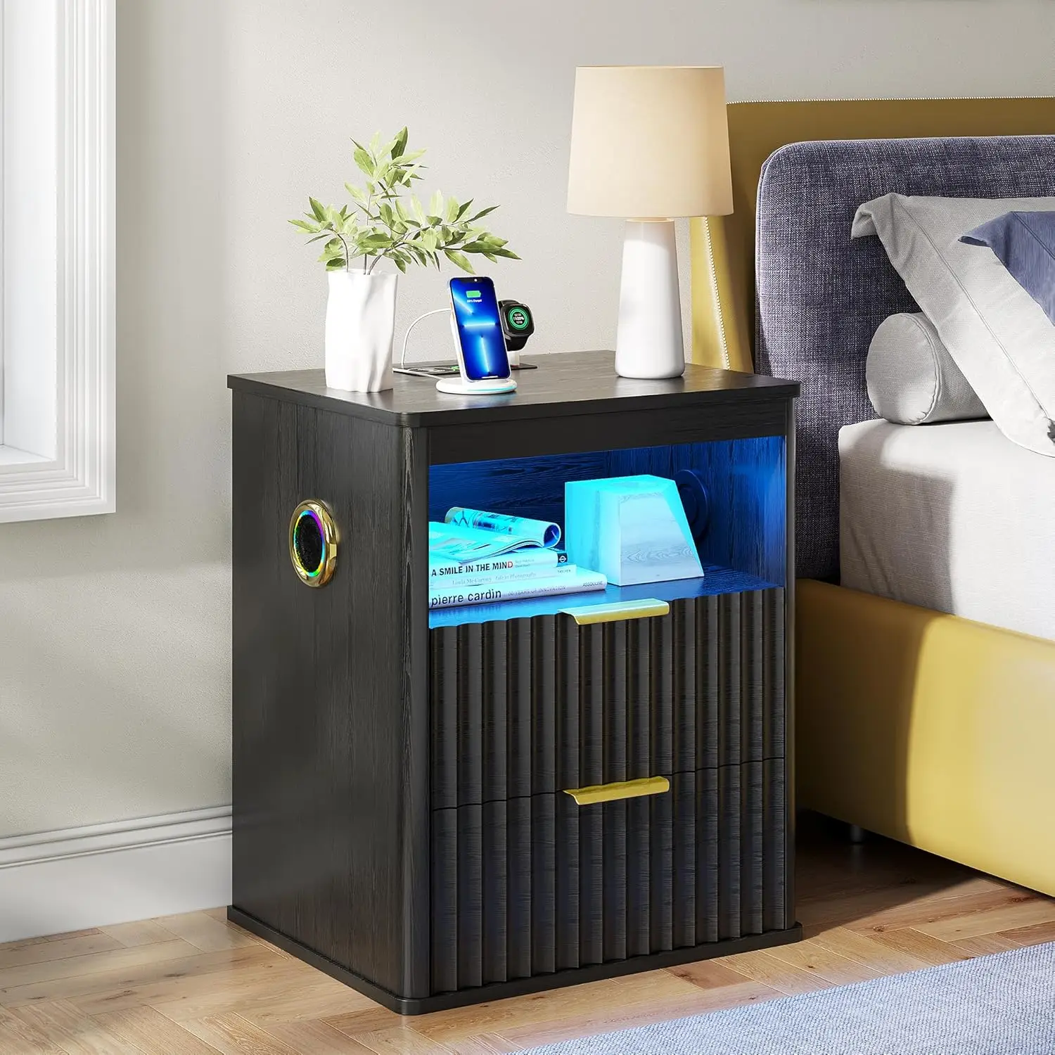 

Умная прикроватная тумба с LED-подсветкой, Bluetooth-колонкой, RGB-сенсором, зарядкой и 2 ящиками, современный прикроватный столик для спальни, на заказ