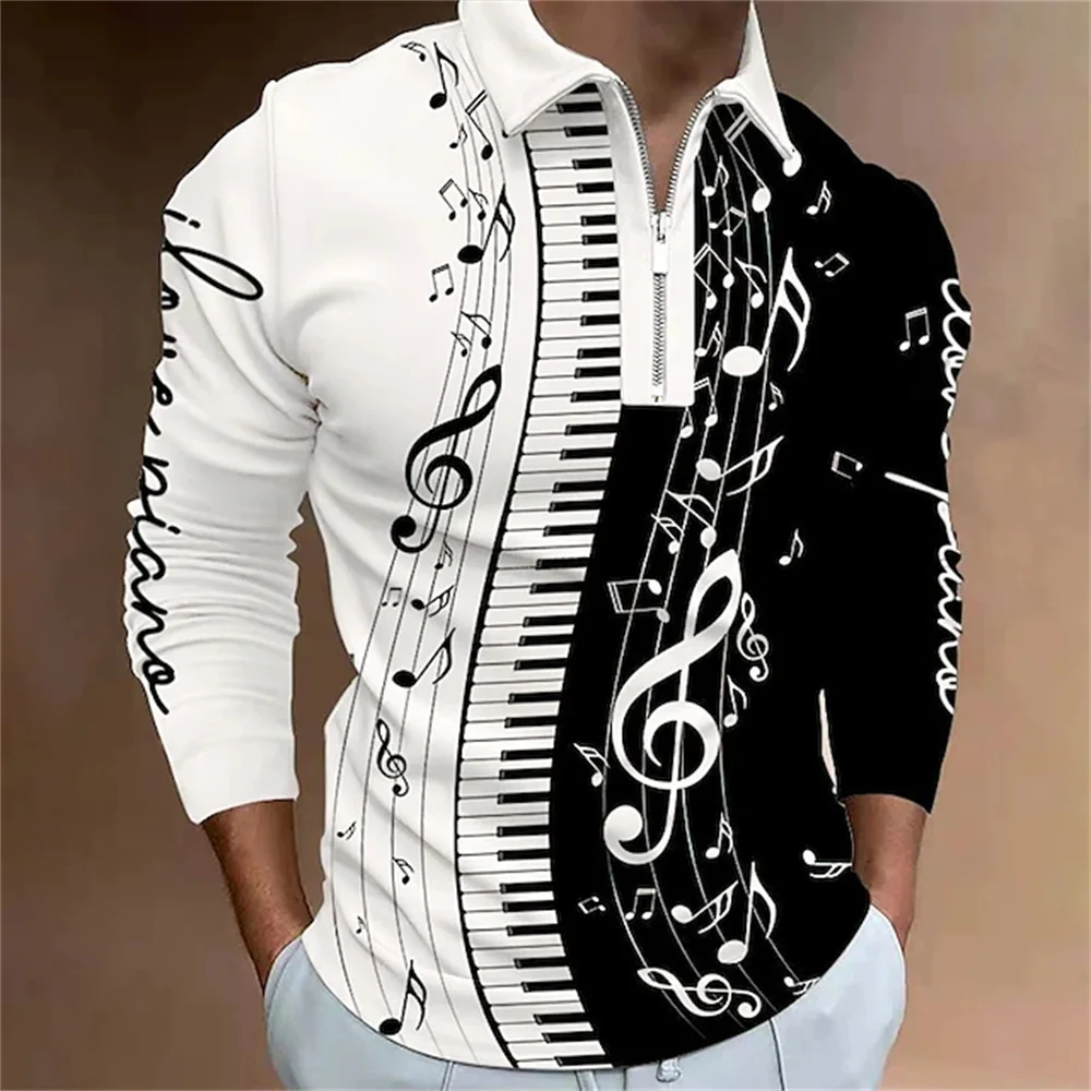 Summer Men Long Sleeve Polo Shirt 3D Printed Music Notes Graphic Funny Polo Shirts Oversize Tops Tees Designer Outfit Clothing