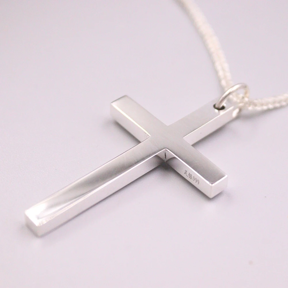 Real Jewelry Solid Fine Silver S999 Pendant Lucky Blessing Glossy Cross Pendant For Women Men