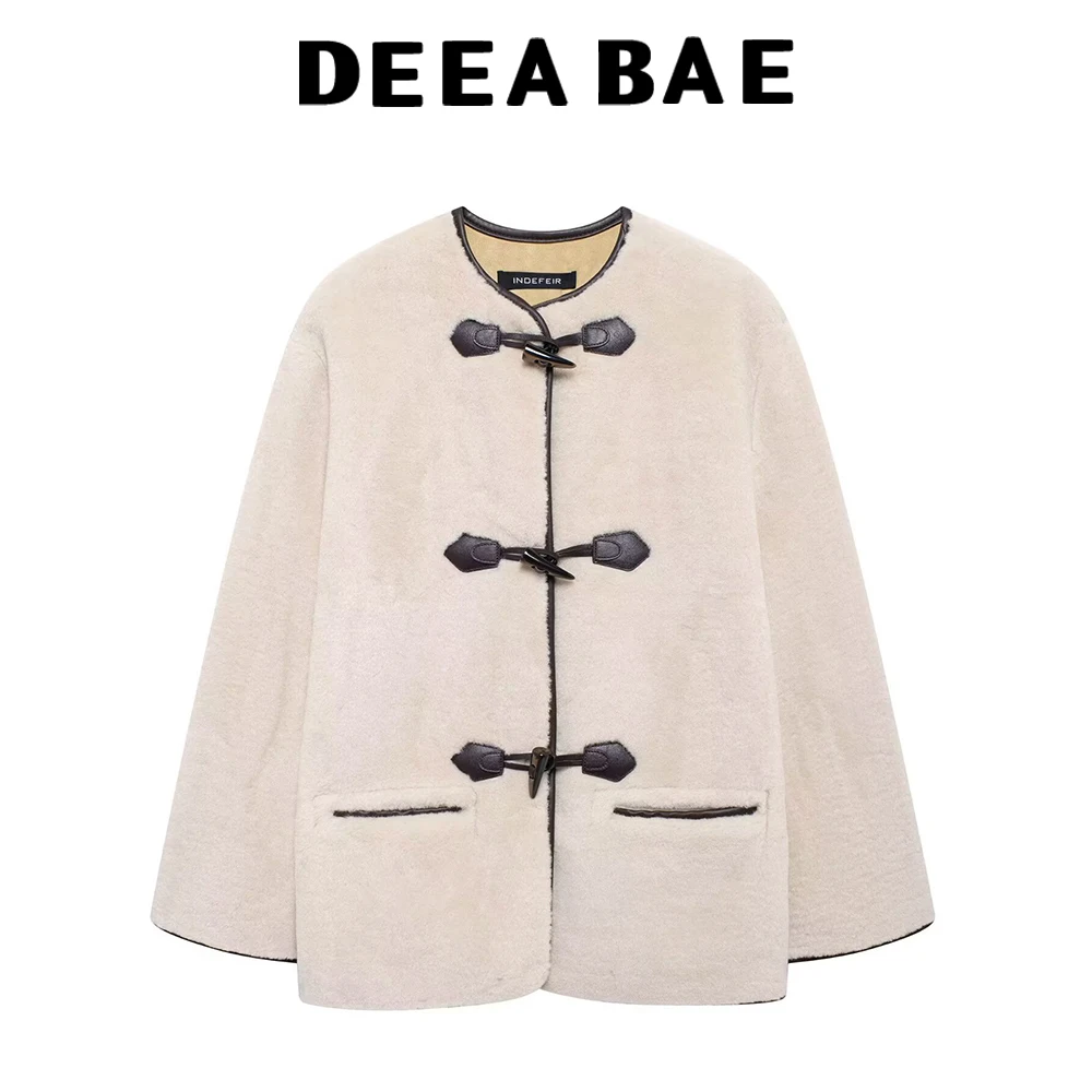 

DEEABAE Winter new women's clothing European and American wind rope buckle decoration artificial fur effect coat jacket