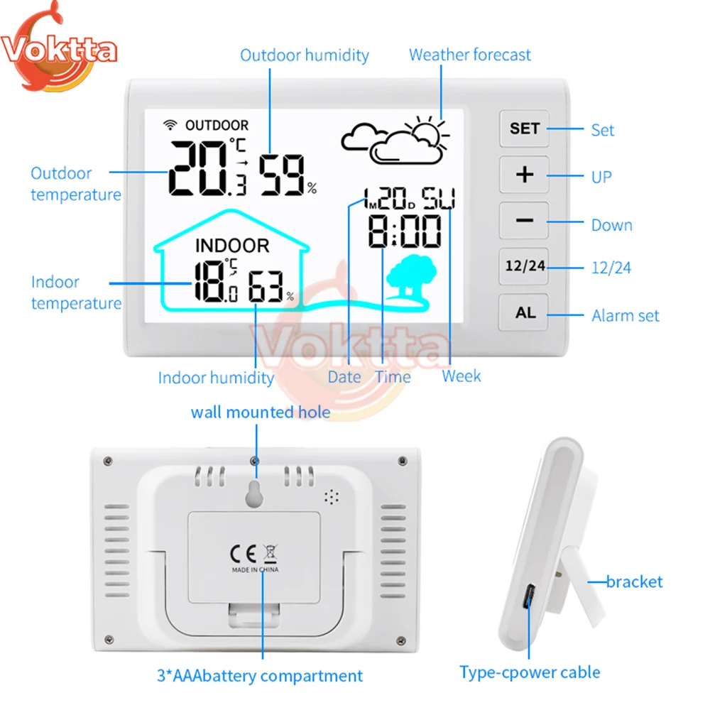 Outdoor Indoor LCD Digital Thermometer Hygrometer Wireless Weather Stations Clock Temperature Humidity Monitor Sensor for Home