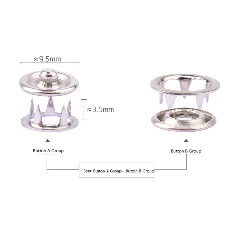 Aço inoxidável Snap Button Rivet Cap Punch Tool Alicate, oco, cinco fivela de garra, 9,5mm, 50 conjuntos