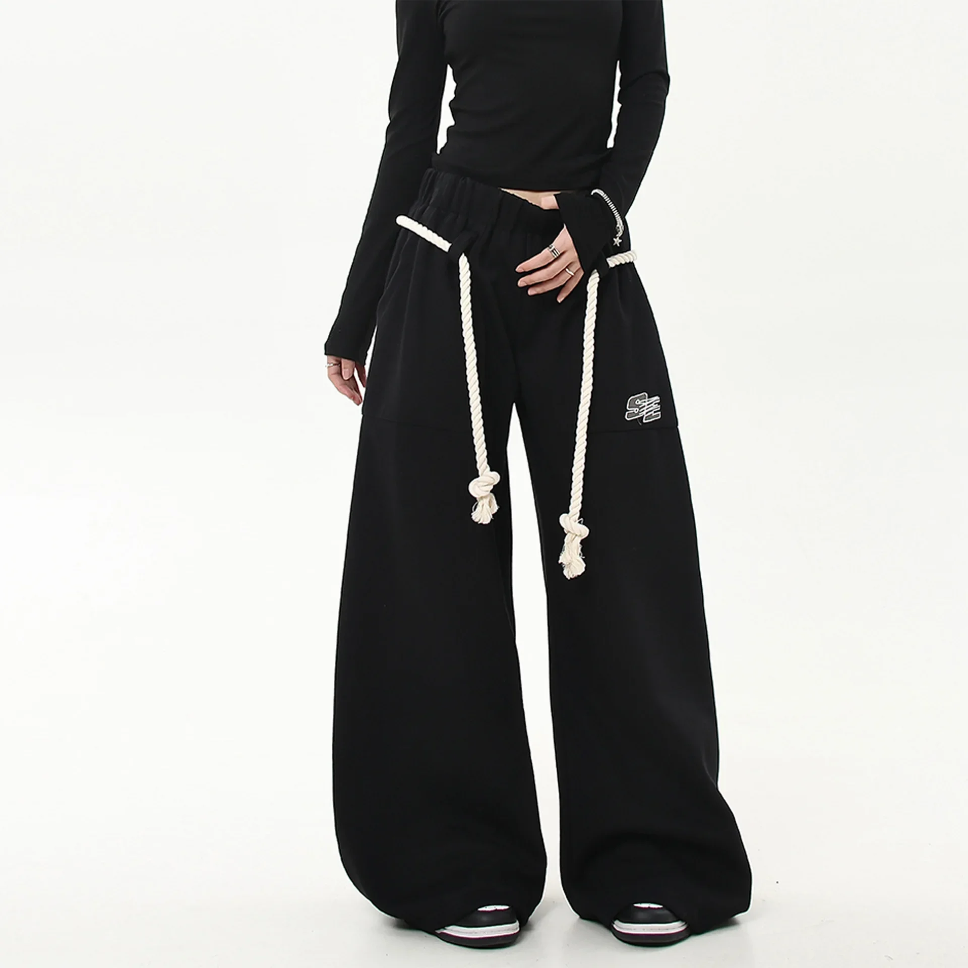 الأمريكية الرجعية كسول نمط الرباط سكين سراويل تقليدية فضفاضة واسعة الساق السراويل الطويلة جديد 2025 تصميم صغير الشعور