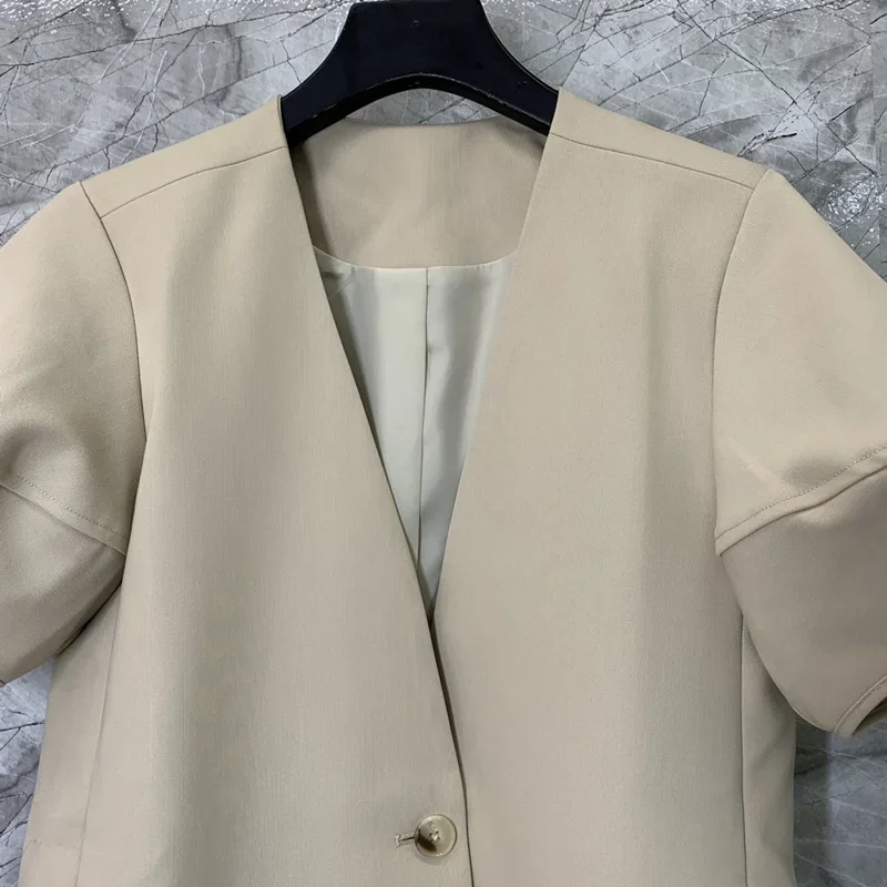 Korea Fashion Blazer wanita jaket lengan pendek leher V musim panas Chic kantor wanita atasan Y2k pakaian mantel Solid