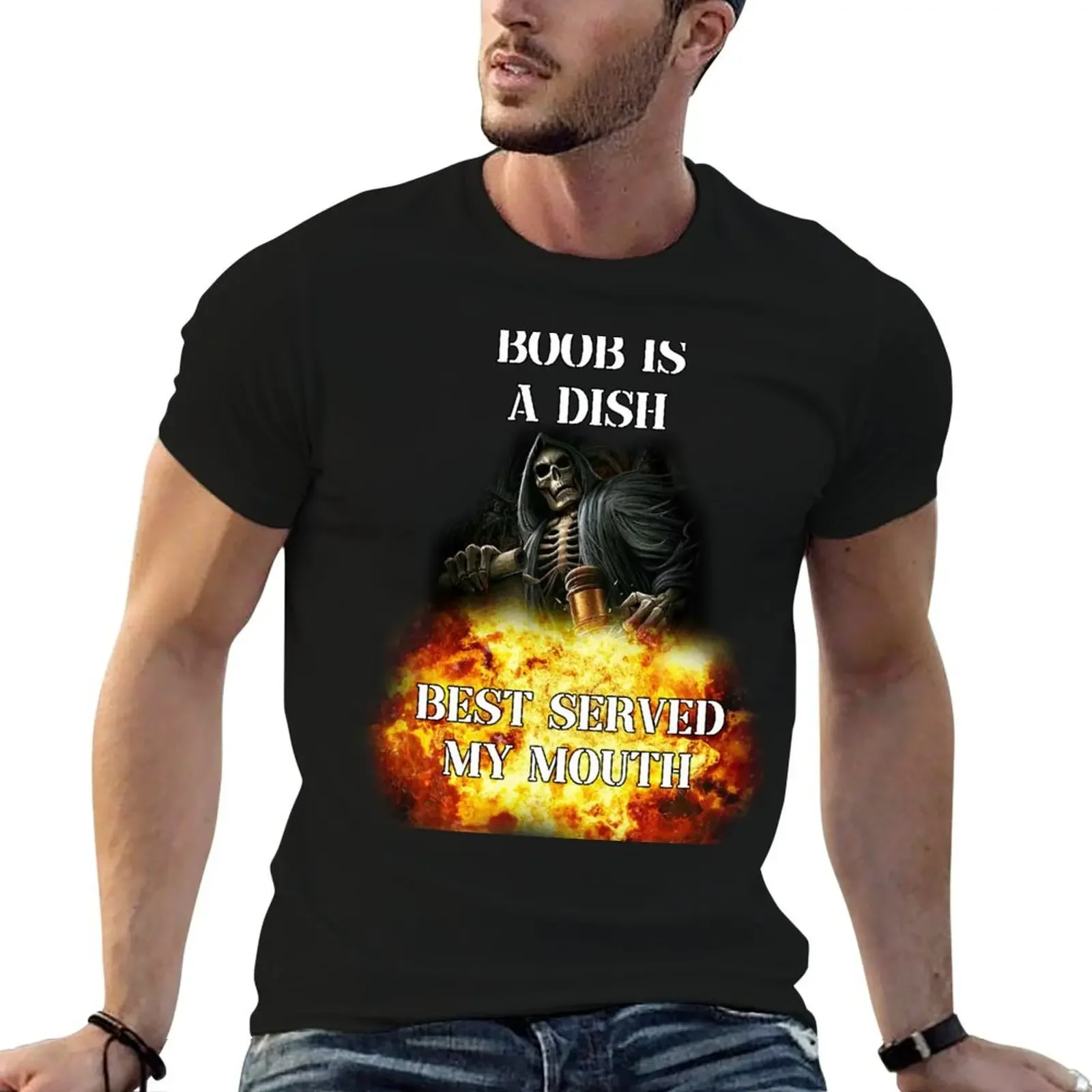 boob is a dish best served my mouth badass skeleton meme T-Shirt summer clothes vintage graphic tee clothing for men