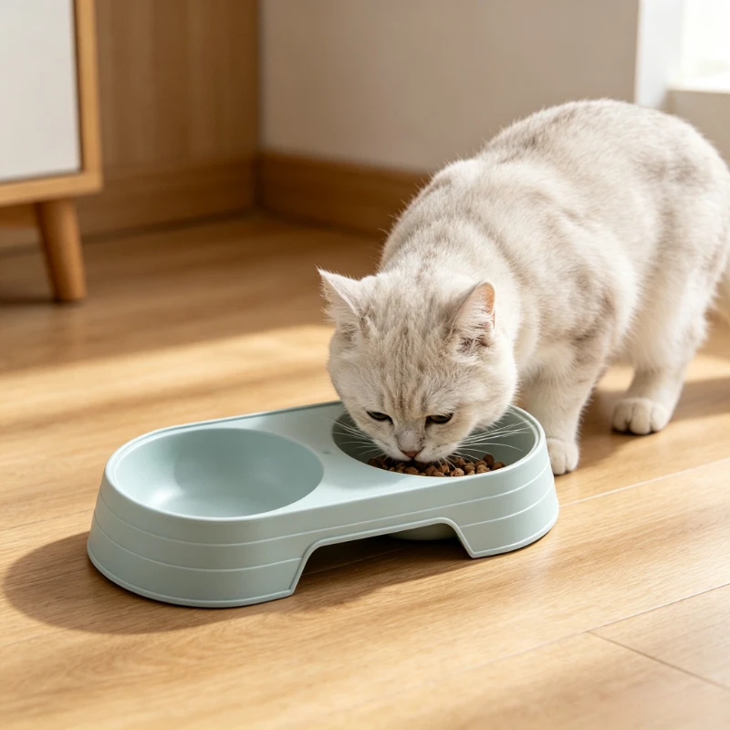 Plastic Double Pet Bowl Elevated Integrated Food Water Feeder Bowl for Cats Daily Eating Drinking Supplies