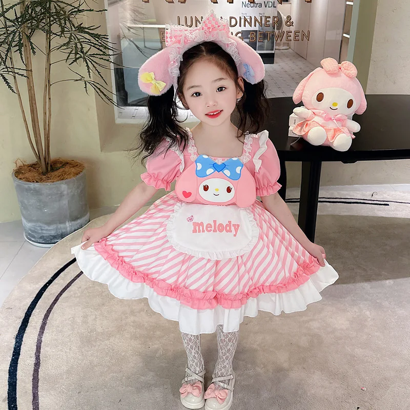 In stock Sanrio Melody Lolita Girls' Short sleeved Princess Skirt Children's 2024 Summer Cartoon Puff Skirt Little Girl Dress