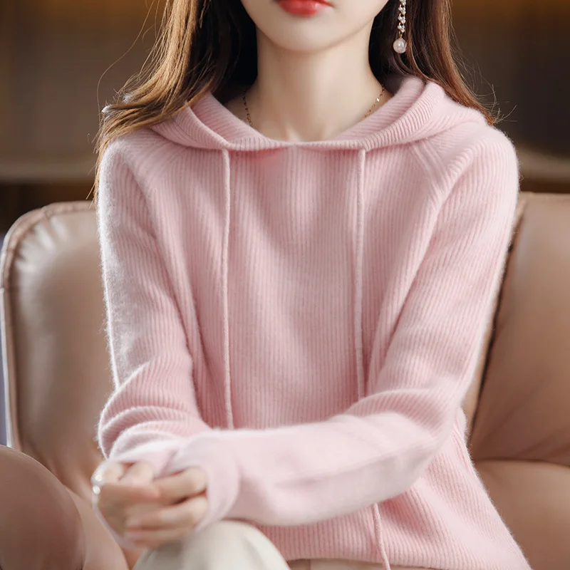 

Autumn Winter Hooded Cashmere Sweater Female Pullover Loose 100% Pure Wool Hoodie Languid Lazy Wind Knitting Base Hoodie