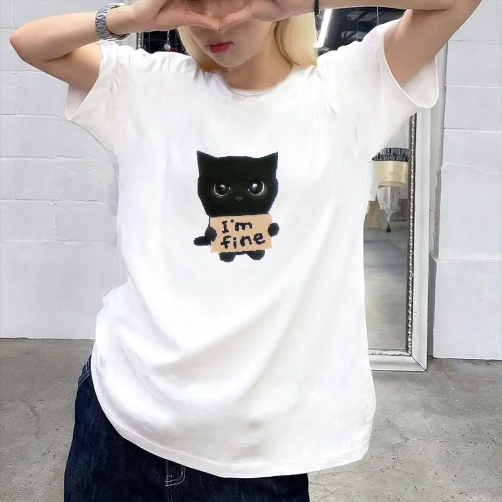 Vintage Black Cat Graphic T-Shirt Im Fine Women Tee Summer Short Sleeve Cute Print Y2k Streetwear Harajuku Casual Female Tops view 5
