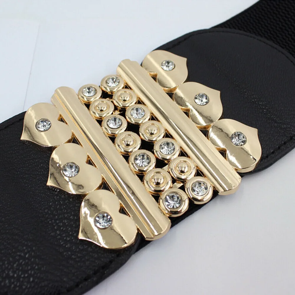 Big Size Waistband Belt Fashion Rhinestone Metal Buckle Elastic Wide Belt Black Stretch Waistband Ladies