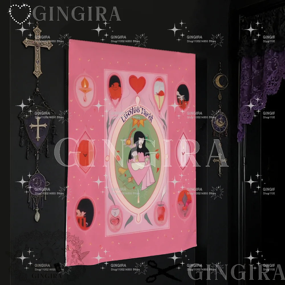 Pink Mirror Tarot Tapestry Witchy Occult Divination Heart Candle Pet Figure Wall Hanging Boho Gothic Bedroom Decor