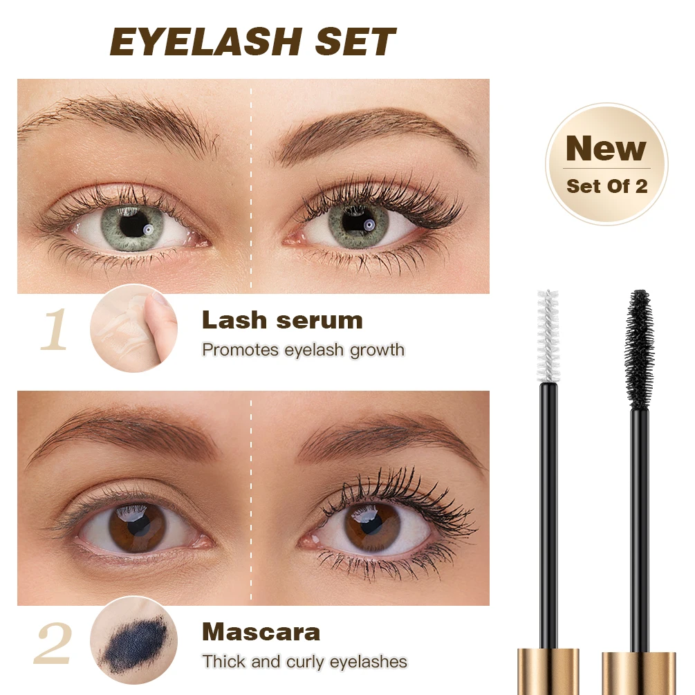 QIBEST Eyelash Growth Serum And 4D Black Mascara Curling Thick Lengthening Eyelashes Enhancer Mascara Eyelash Serum Makeup Sets